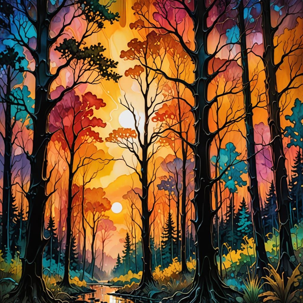 Chaotic Sunset Forest in Abstract Expressionism