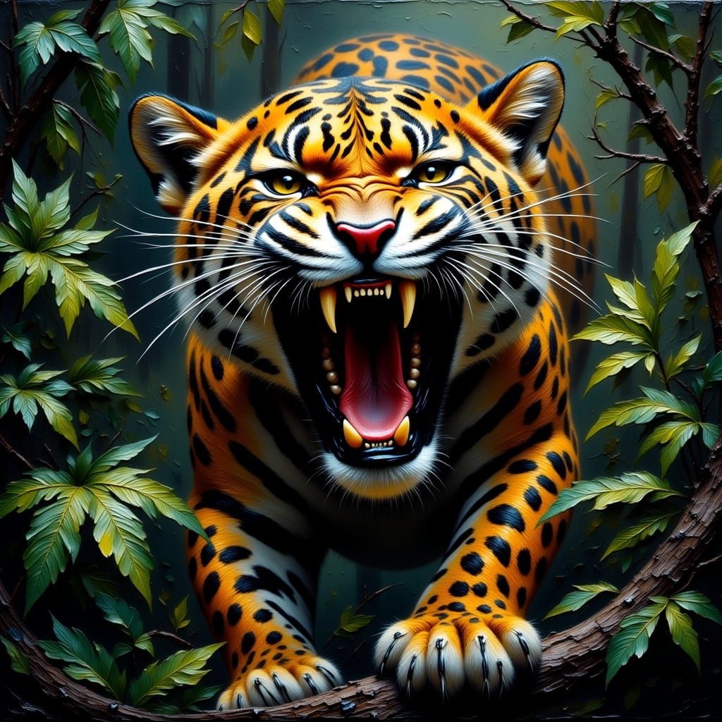 Menacing Jaguar Growl in Impasto Oil Painting
