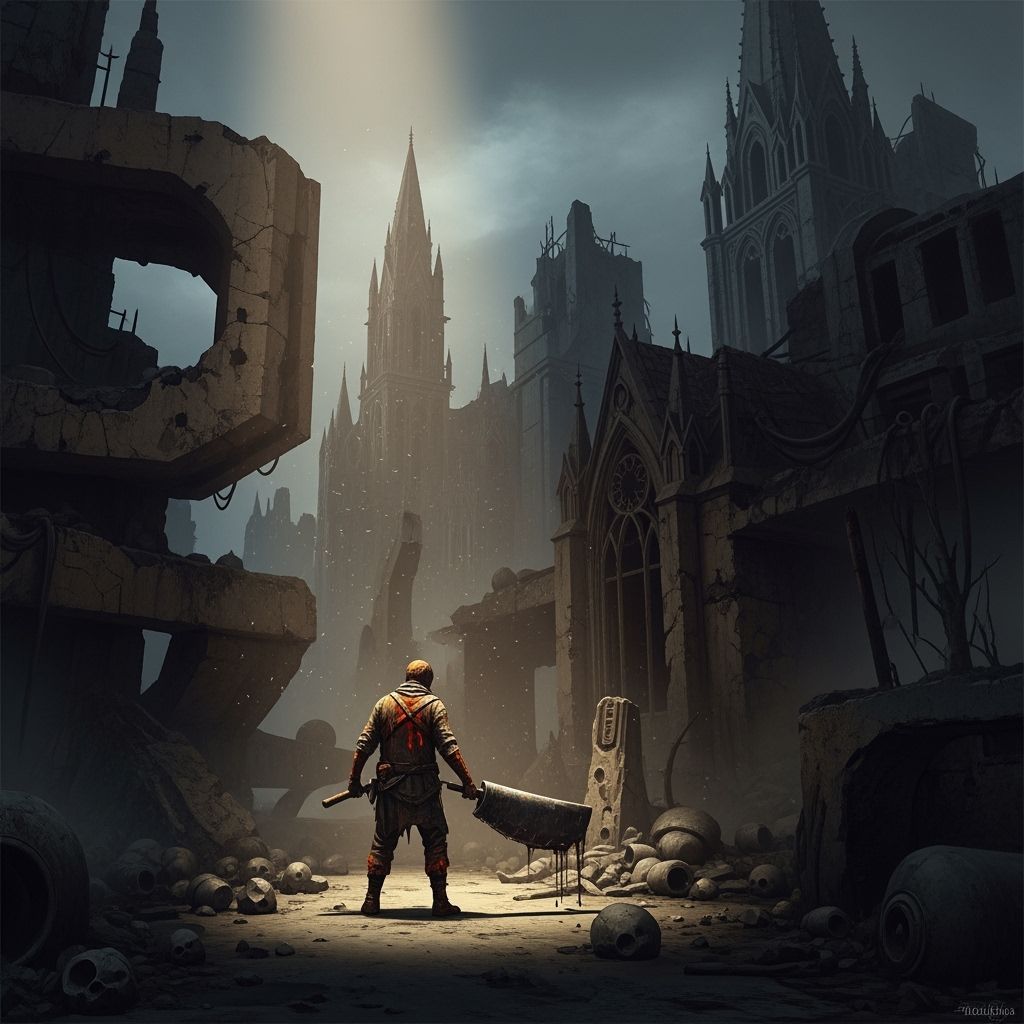 Scavenger in Ruined City Under Twilight Sky