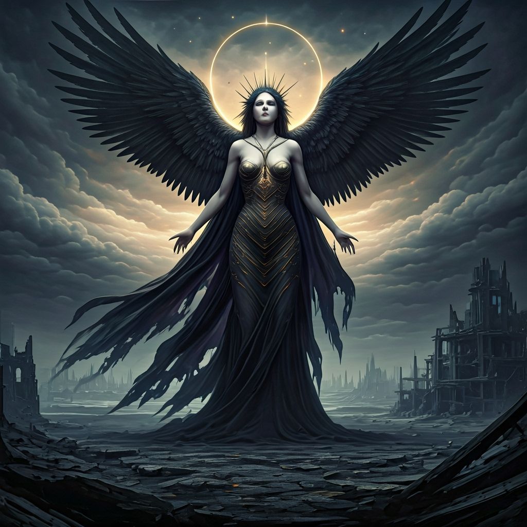 Goddess of Annihilation Over Dystopian City Ruins