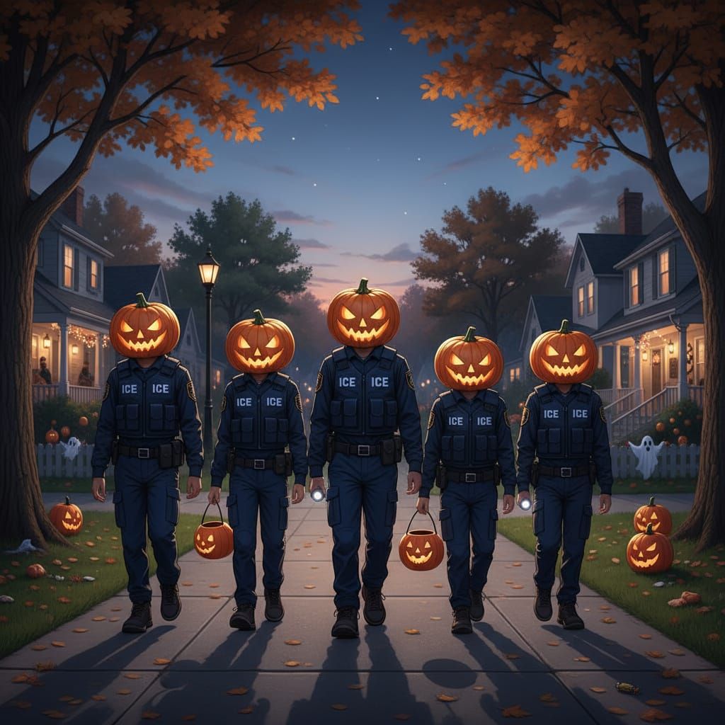 Kids in ICE Uniforms with Pumpkin Heads on Suburban Sidewalk