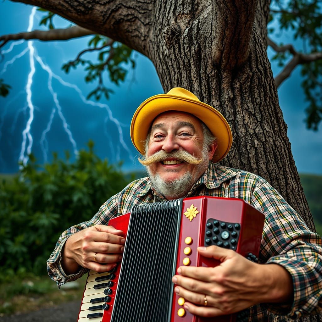 The Old Italian Musician Plays Squeezebox in a Thunderstorm