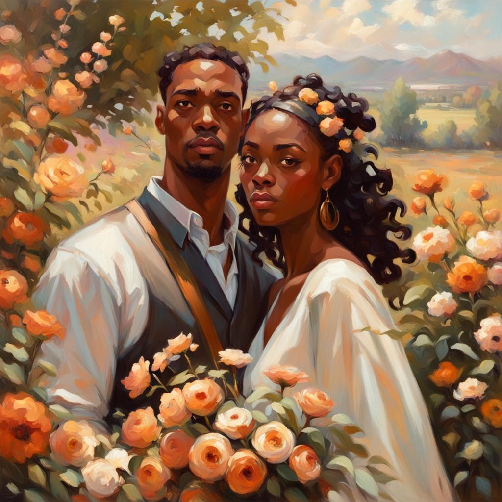 Romantic Couple Surrounded by Blooming Flowers in a Neo-Real...