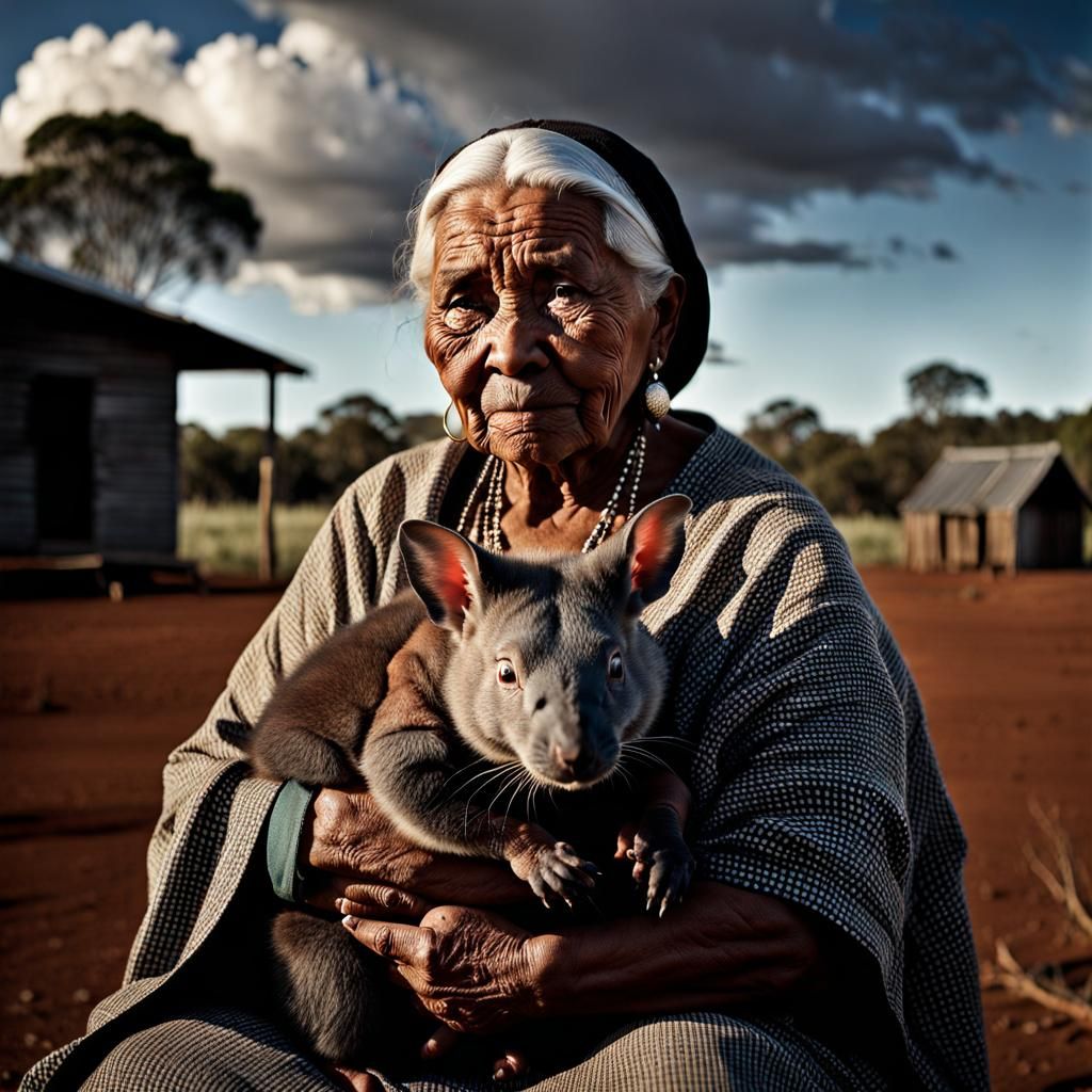 Indigenous Australian Matriarch Protects Baby Wombat in a Se...