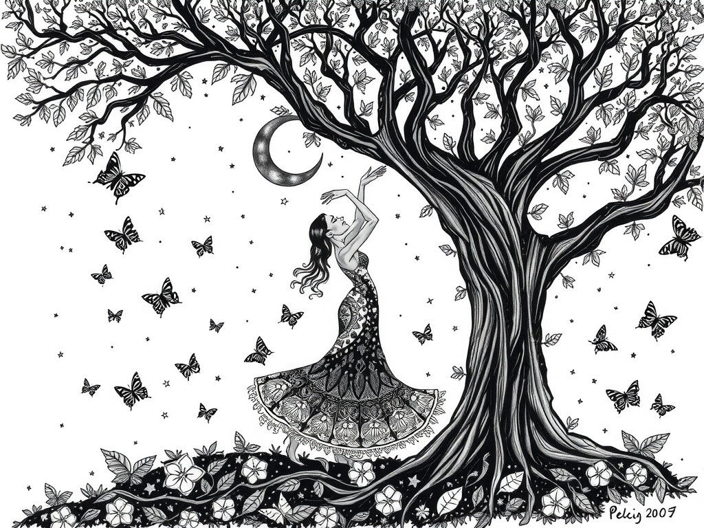 Whimsical Flamenco Dancer in Psychedelic Landscape