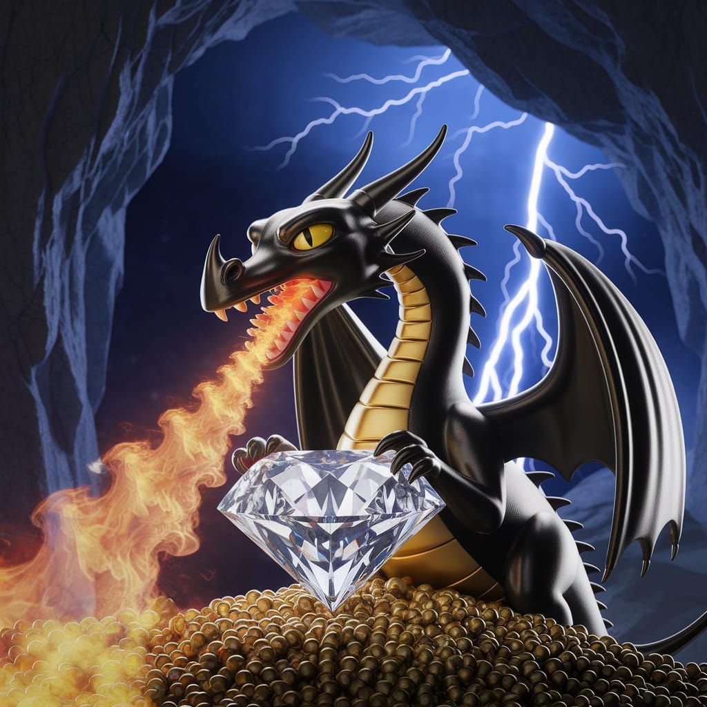 Epic Black Dragon in Cave, Holding Diamond and Trident