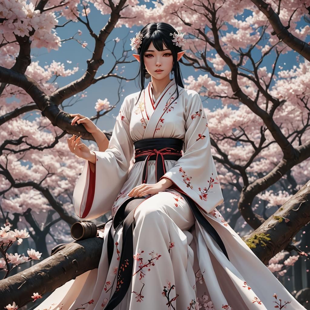 Ethereal Fantasy Scene with Anime Elf Girl amidst Cherry Blo...