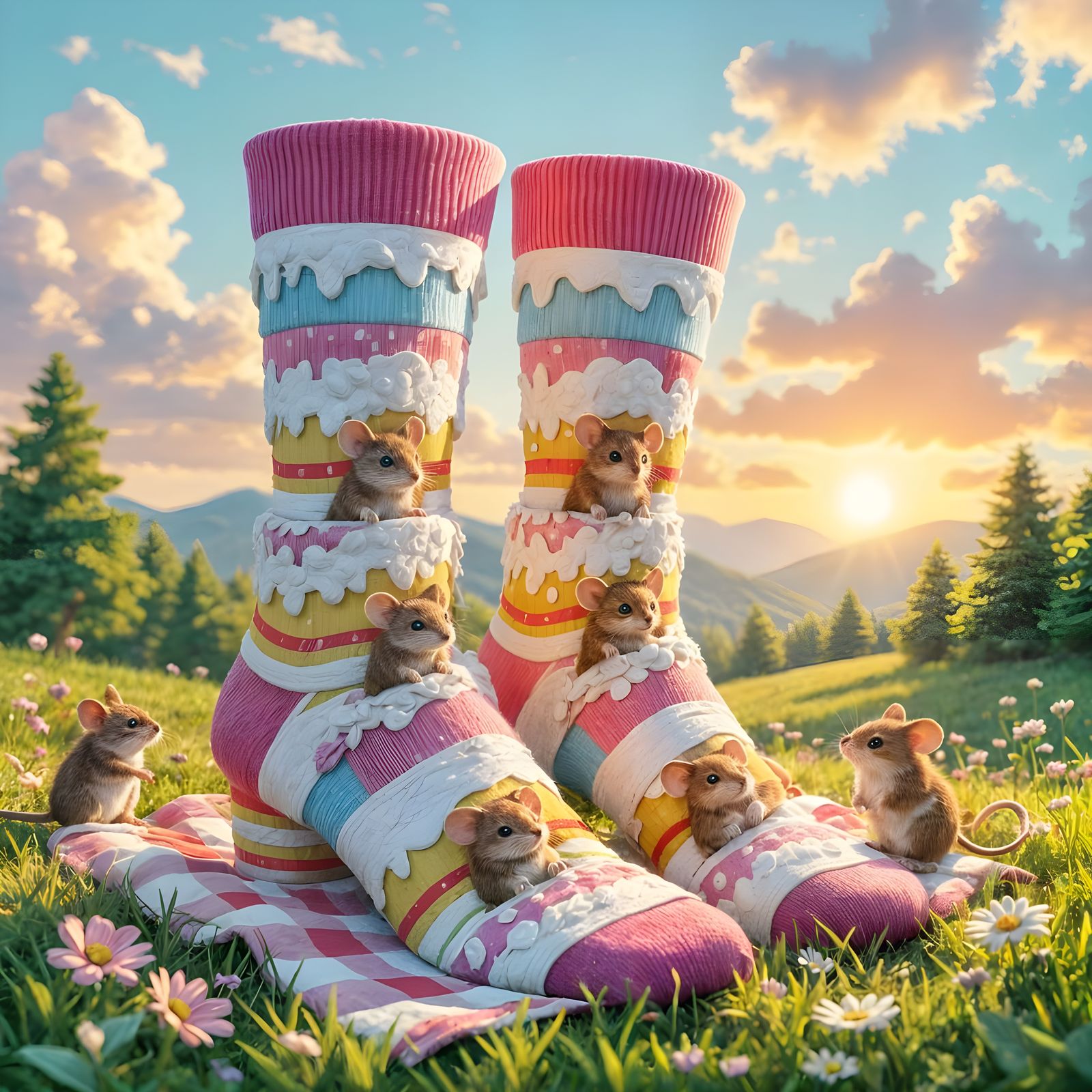 Fairytale Mice Picnic Socks in Impressionist Gouache Style