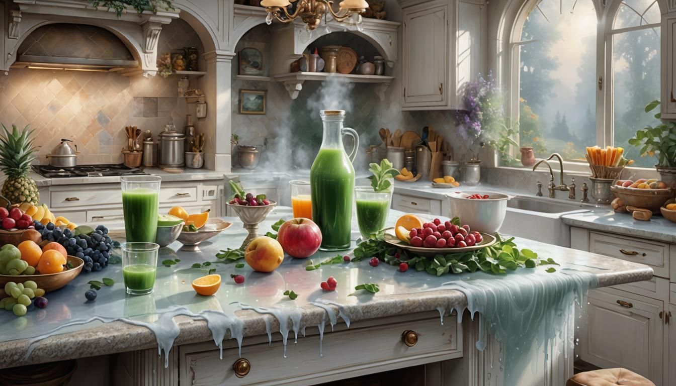 Ethereal Kitchen Scene with Delicious Juice Splash