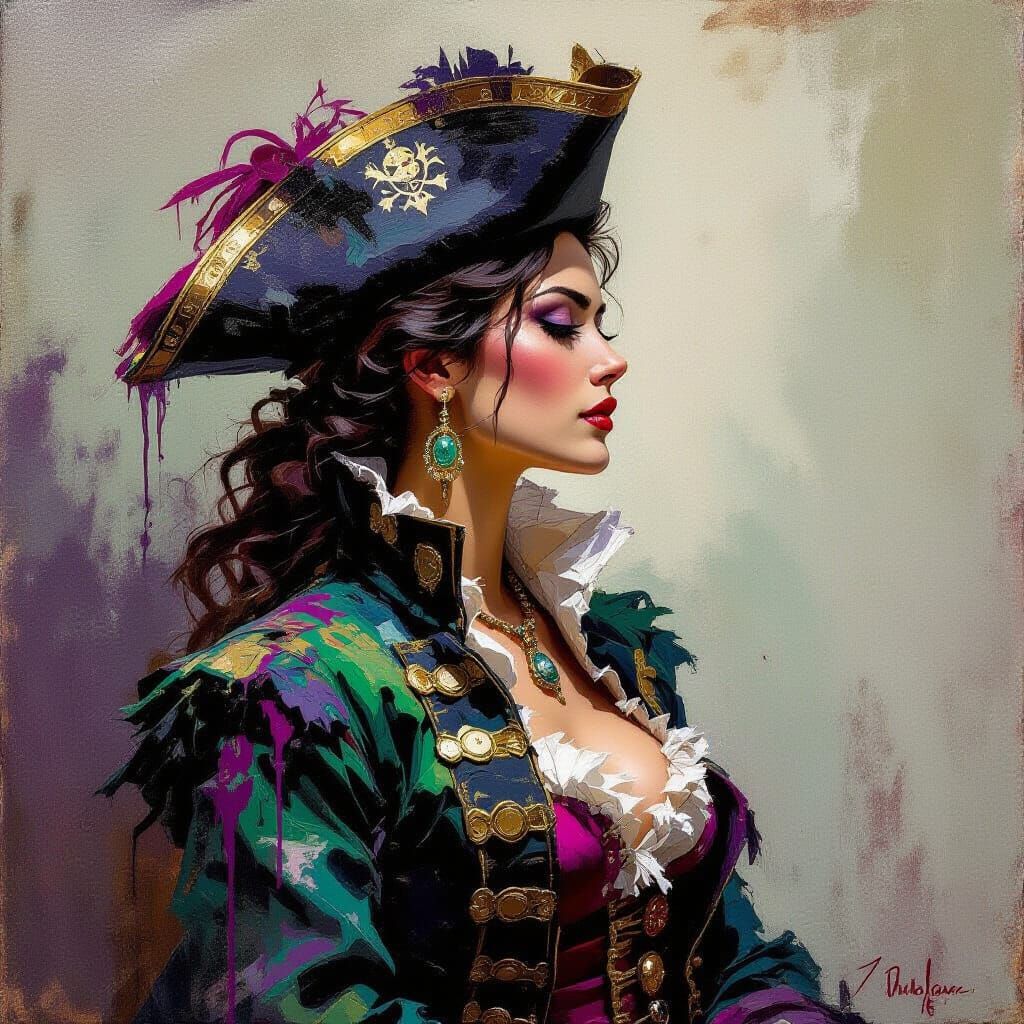 Pirate Queen Portrait with Impasto and Splatter Paint