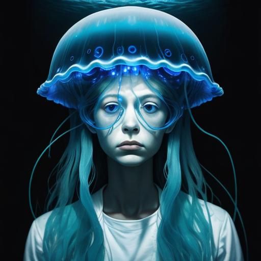 Surreal Underwater Portrait of a Bioluminescent Jellyfish in...