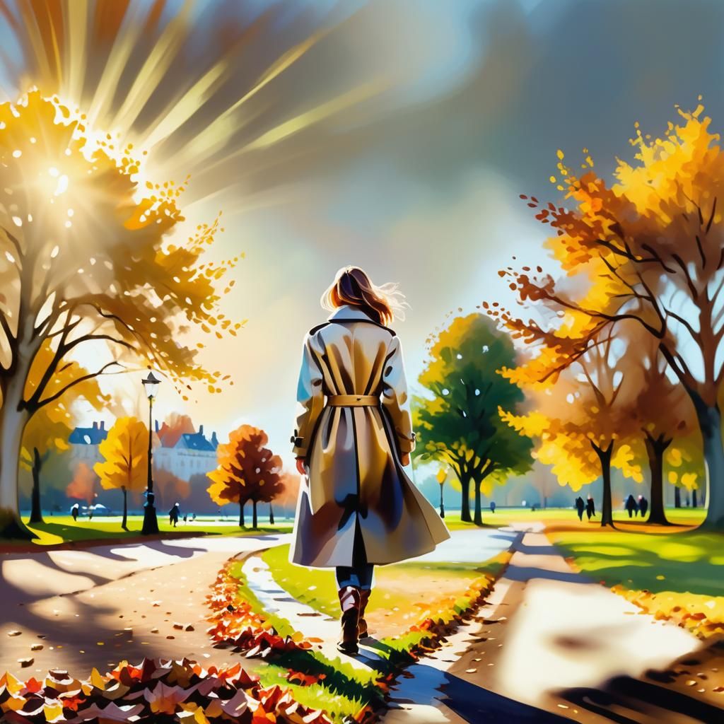 Woman Walks in Autumn Park with Warm Colors