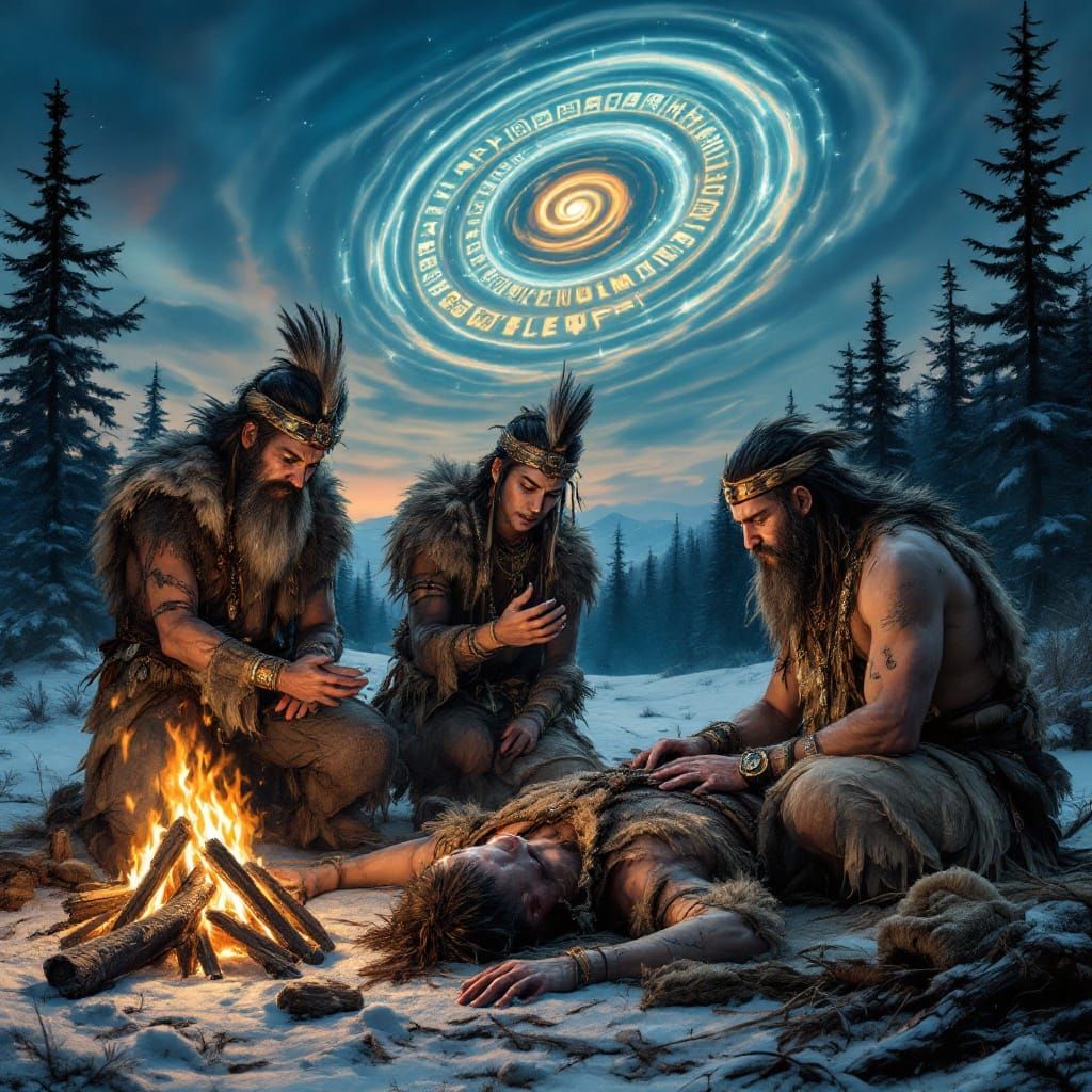 Siberian Shamans Healing Ritual in Dusk Forest