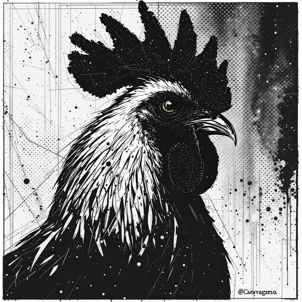 Rooster in Tenebrism, Pop Art, and Wireframe Fusion