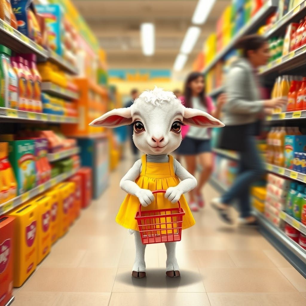 Worried Lamb Lost in Supermarket, Illustrated Style