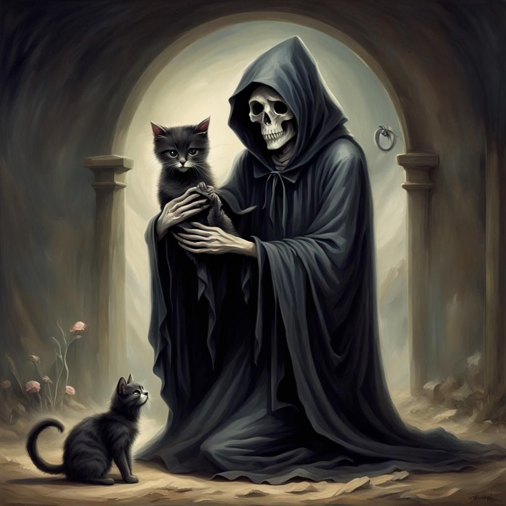 The Grim Reaper in a Tender Moment with a Playful Kitten