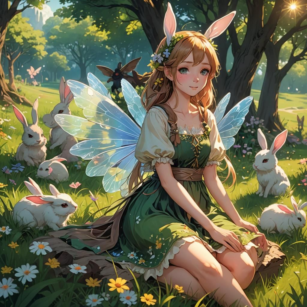 Majestic Fairy Sits Among Blooming Flowers in a Serene Villa...
