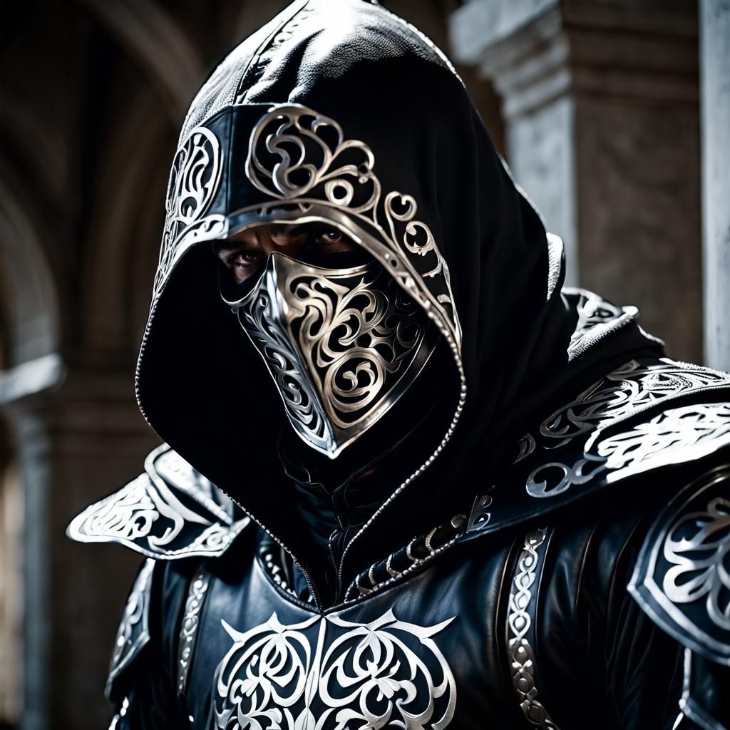 Hooded Assassin in Shadows with Intricate Armor