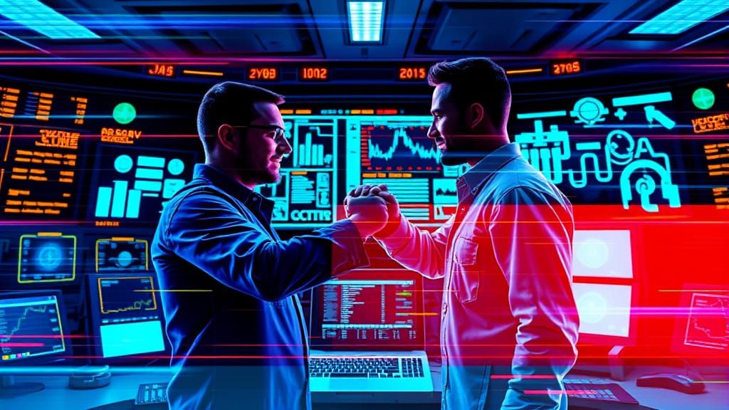 Glitch Art of Coworkers in Tech Control Room