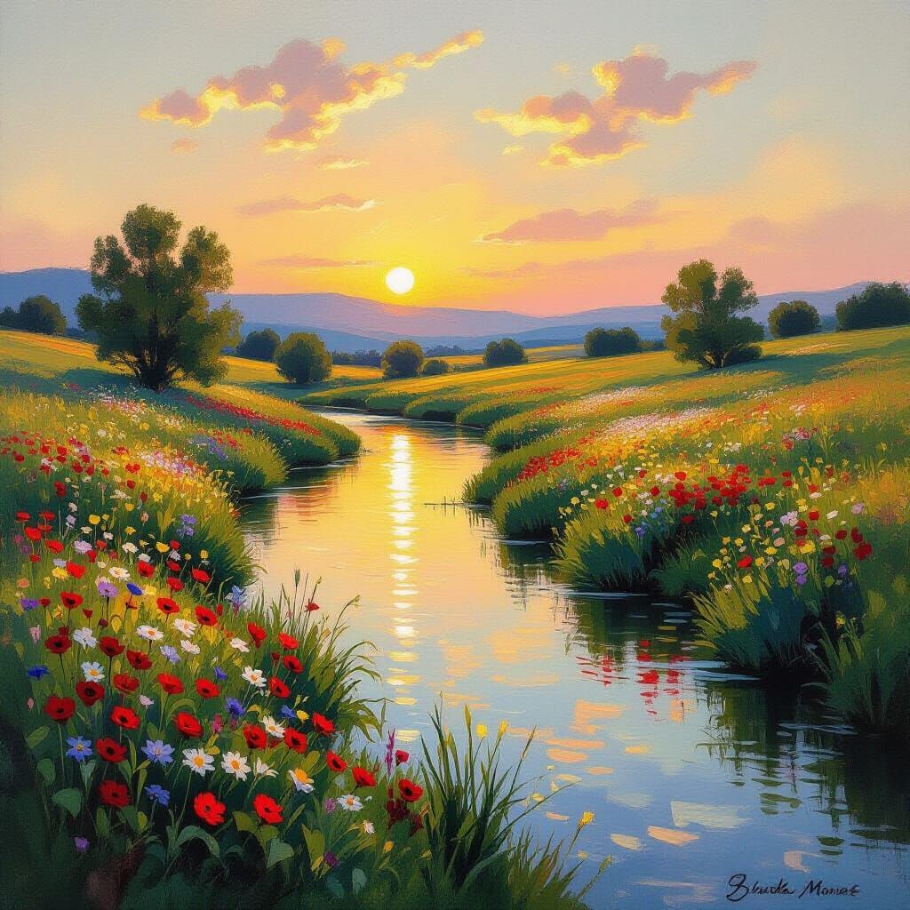 Serene Sunset Landscape with Wildflowers and River