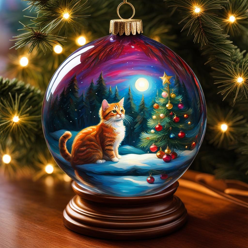 Victorian-Style Cat Contemplates Christmas Orb