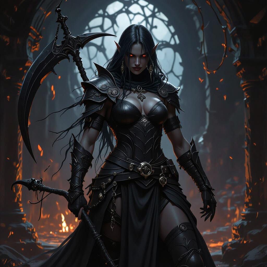 Muscular Drow Matriarch with Scythe in Dark Fantasy Style