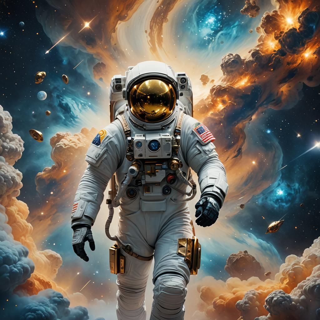 Astronaut in Starry Nebula with Gold Shield and Oxygen Tank