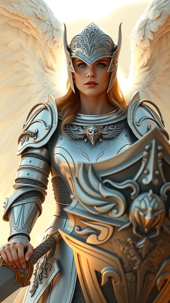 Ethereal Angel Knight in Shimmering Silver Armor