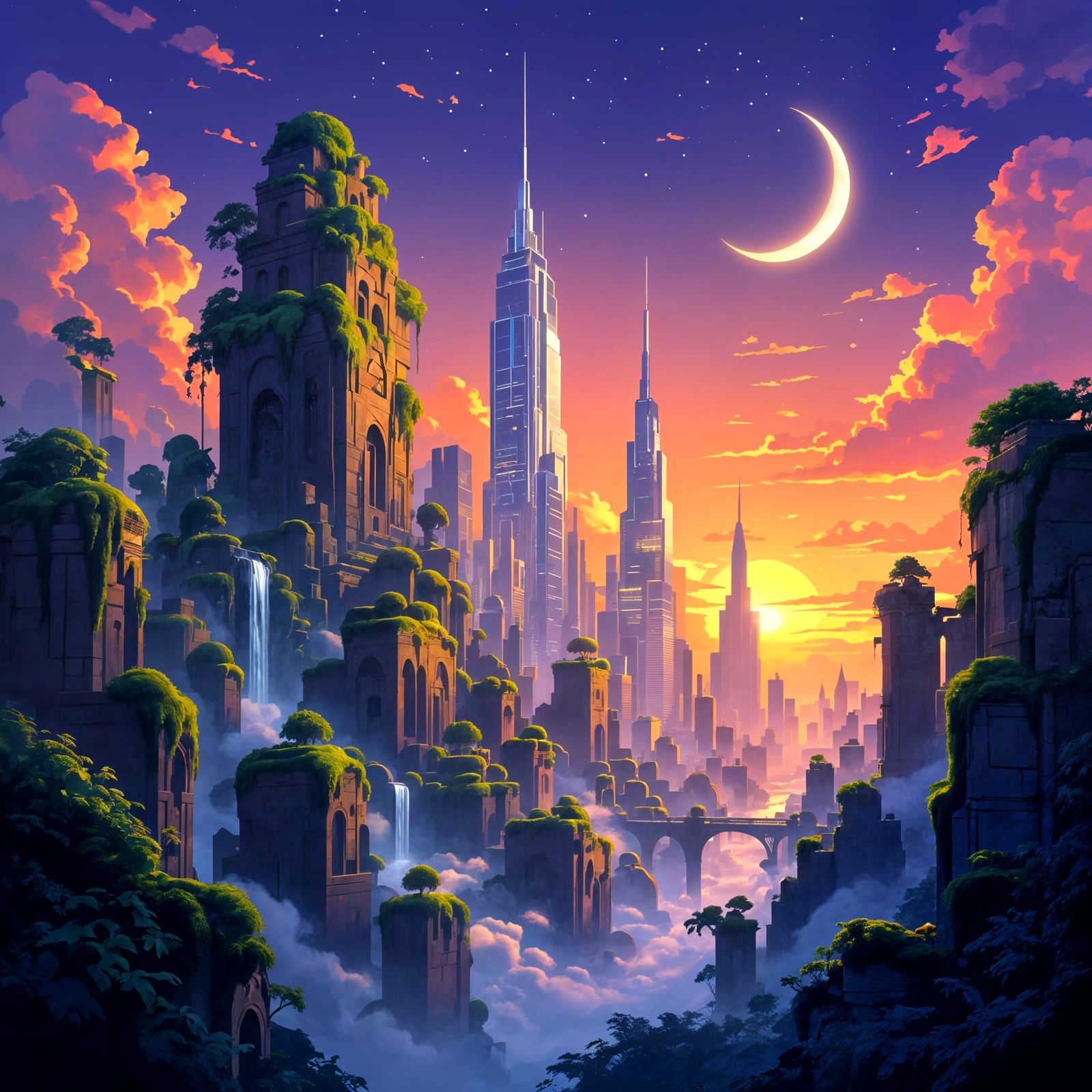 Fantastical Cityscape: Ancient Ruins Meet Future