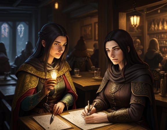 Fantasy Scribes in a Busy Tavern Digital Painting