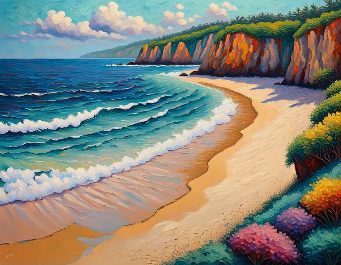 Vibrant Tropical Beachscape in Neo-Impressionist Oil Paintin...
