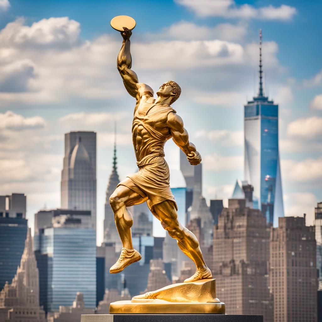 Golden Discus Thrower Dominates Manhattan Skyline