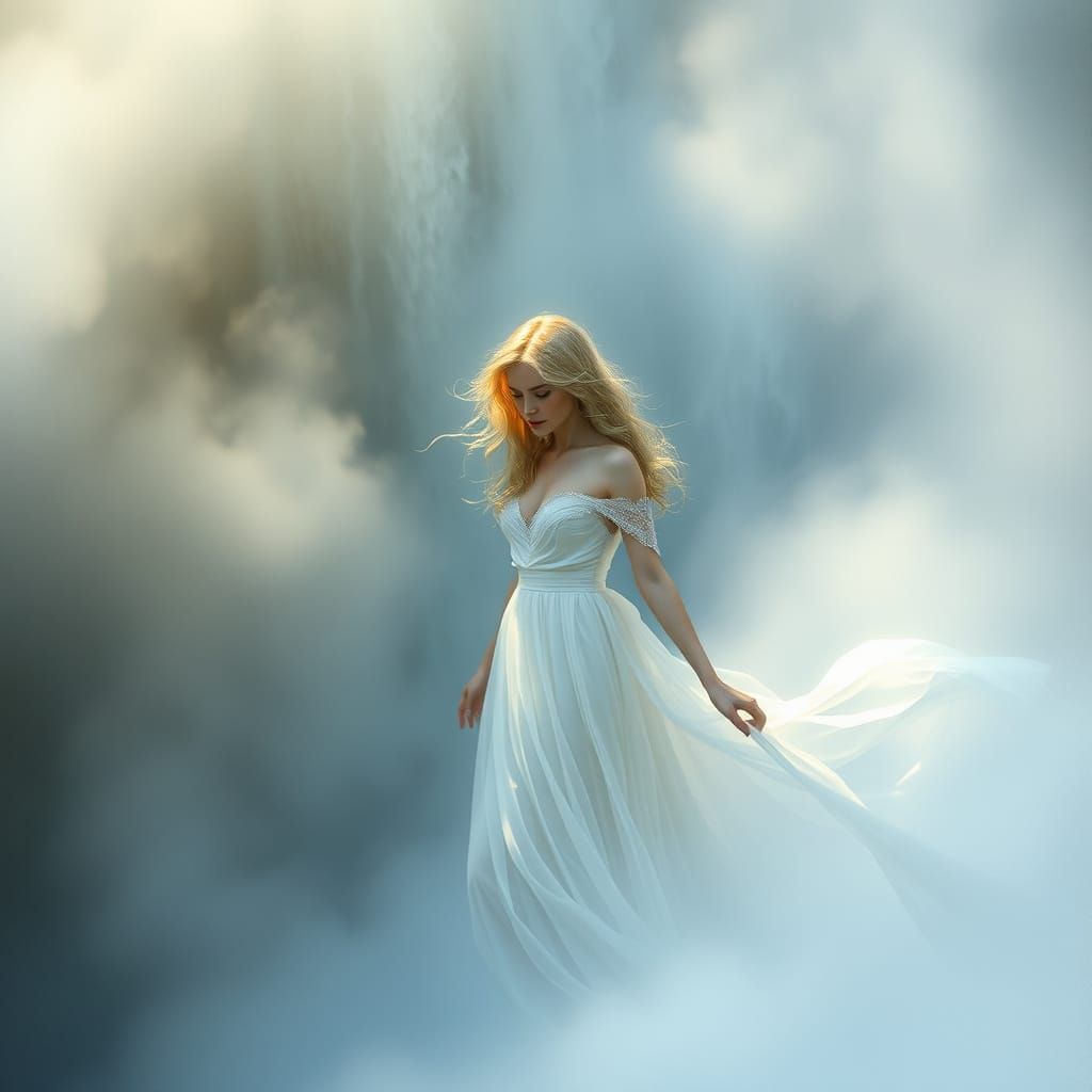 Ethereal Maiden Emerging from Waterfall Mist