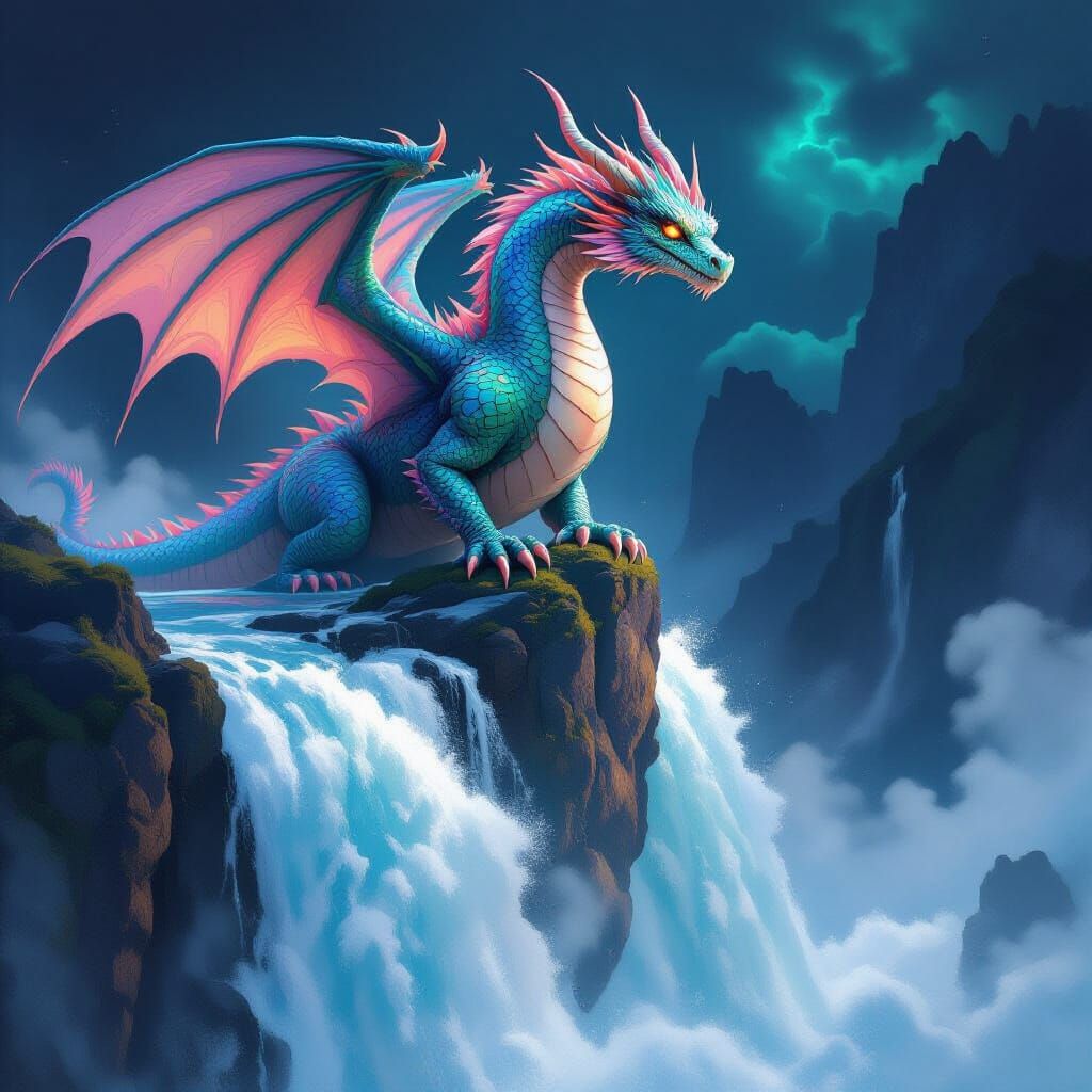 Iridescent Dragon Above Waterfall: Dreamlike Illustration