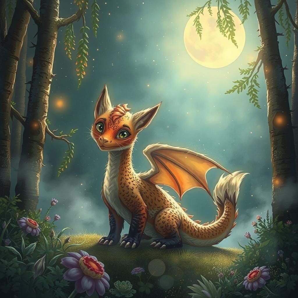 Whimsical Baby Fox Dragon in Enchanted Forest