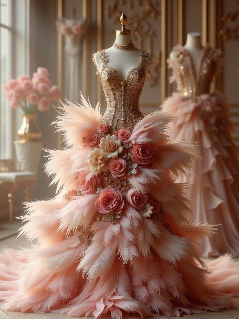 Parisian Couture Gown of Feathers and Rose Petals