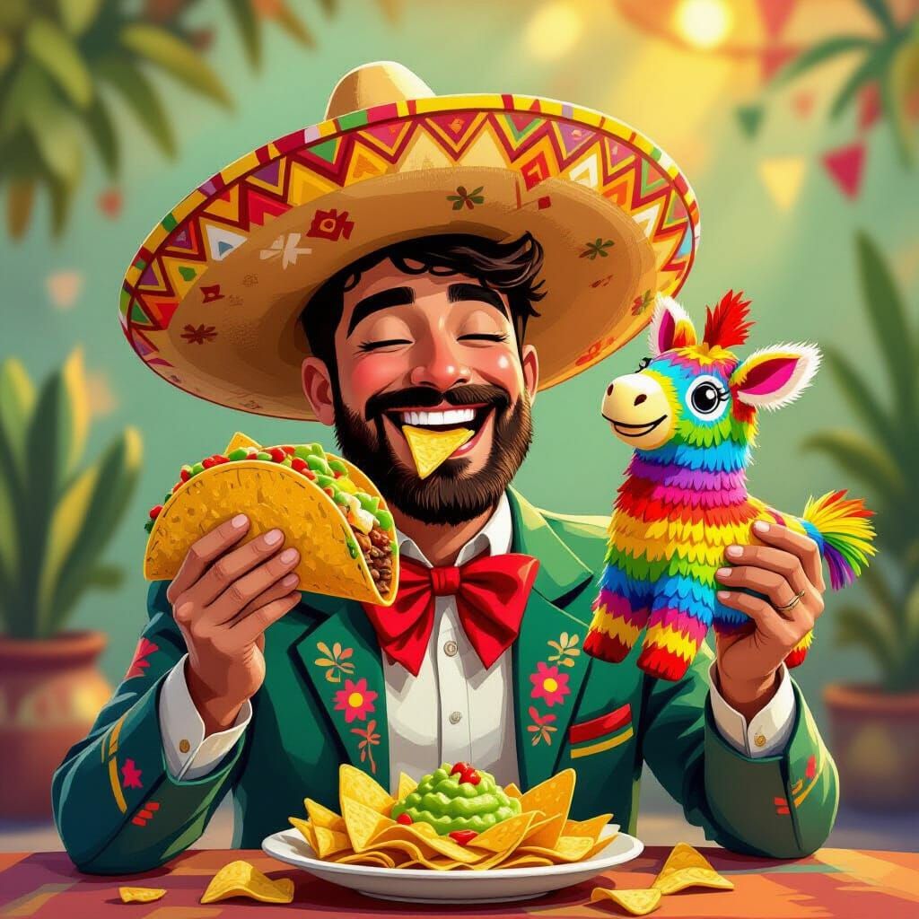 Festive Mexican Man Enjoying Taco and Pinata in Folk Art Sty...