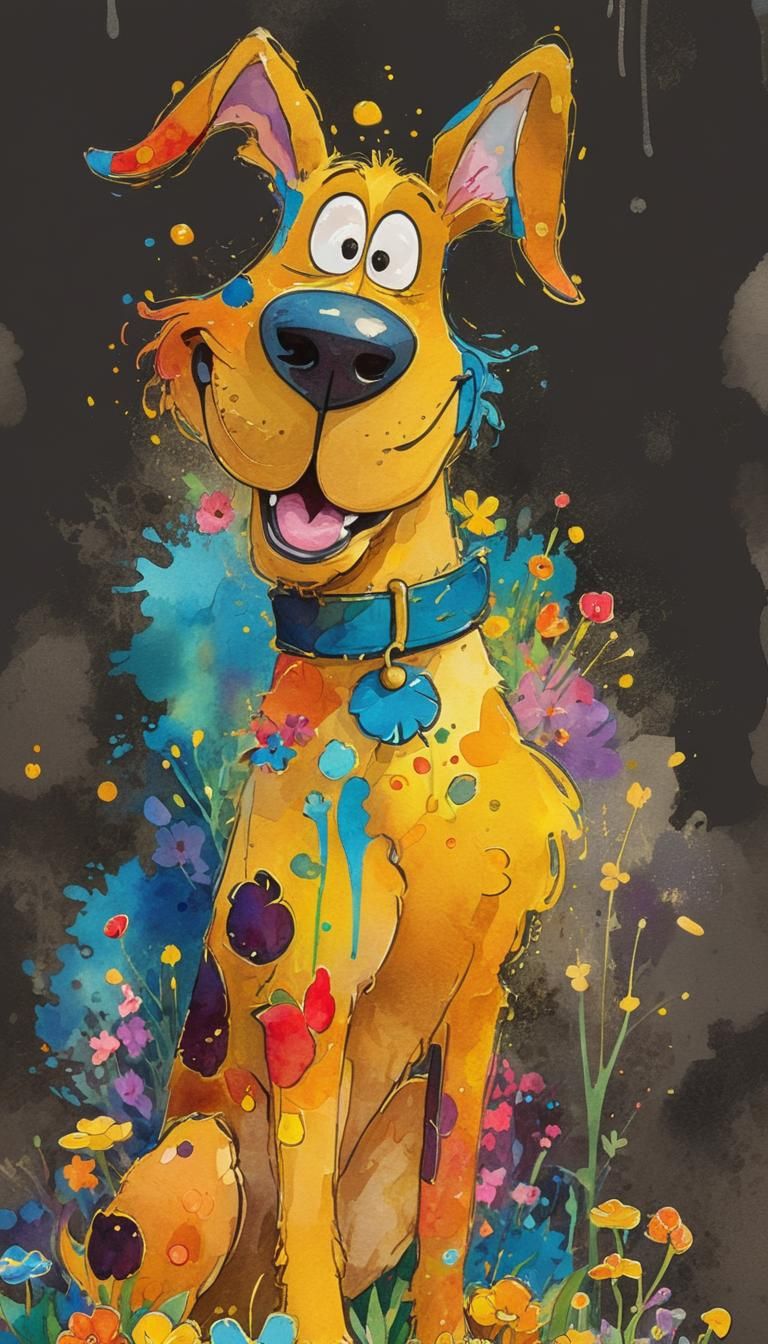 Whimsical cartoon splash art. Medium shot. A grinning dog sitting in a flower bed. Vibrant watercolor style. Expressive ...
