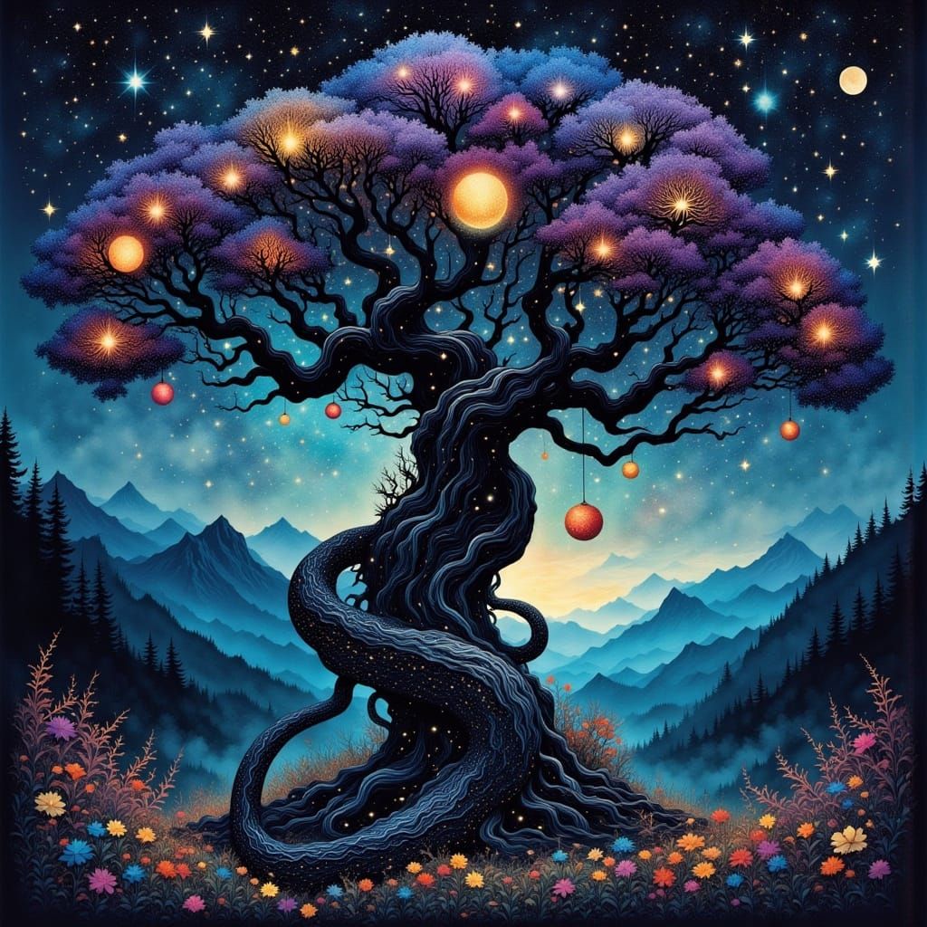 Cosmic Serpent Star Apple Tree in a Mystical Garden
