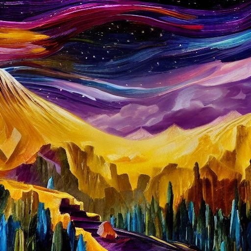 In style of Remedios Varo and Leonidas Afremov Mountain scene under a starry night sky with a gradient of purple, pink