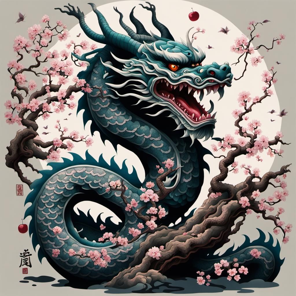 Japanese Dragon Embodies Cherry Blossom Tree in Vibrant, Int...