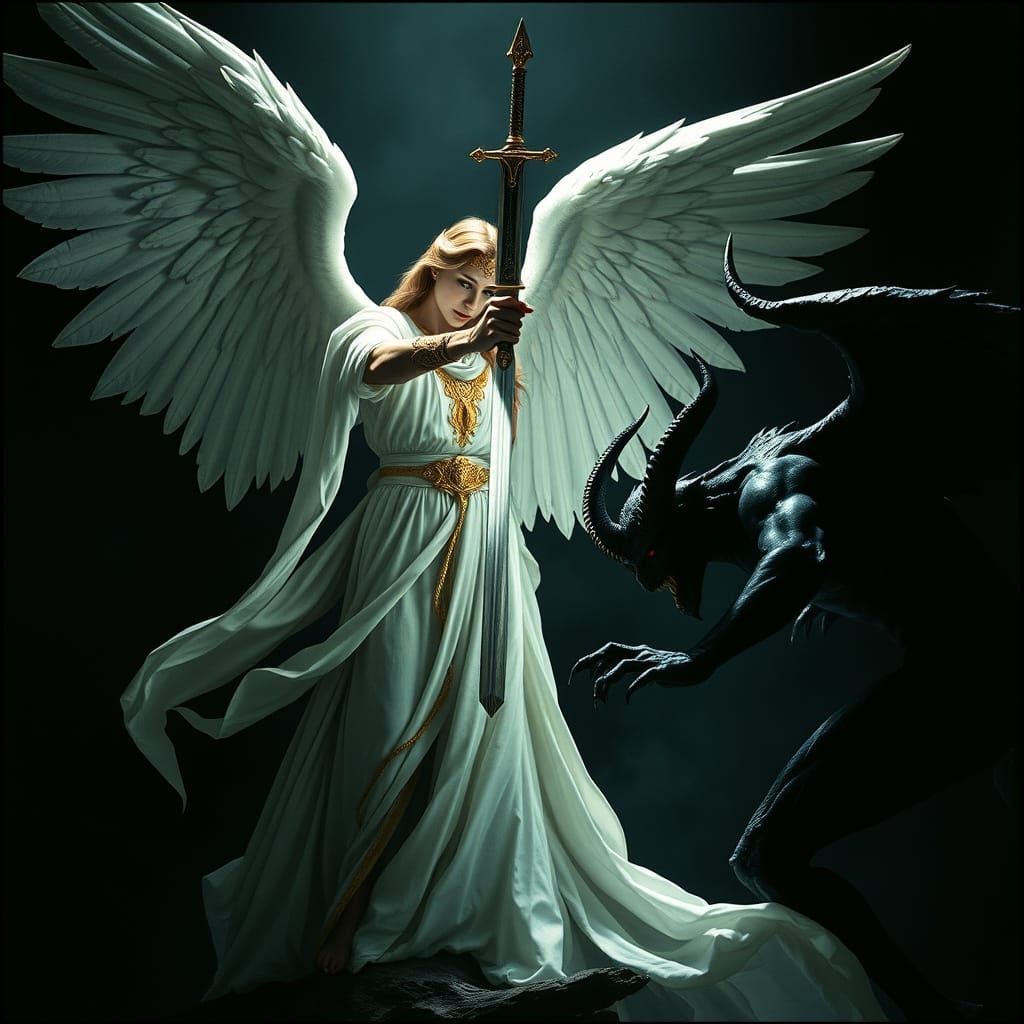 Angel of Justice Confronts Dark Daemon in Gritty, High-Contr...