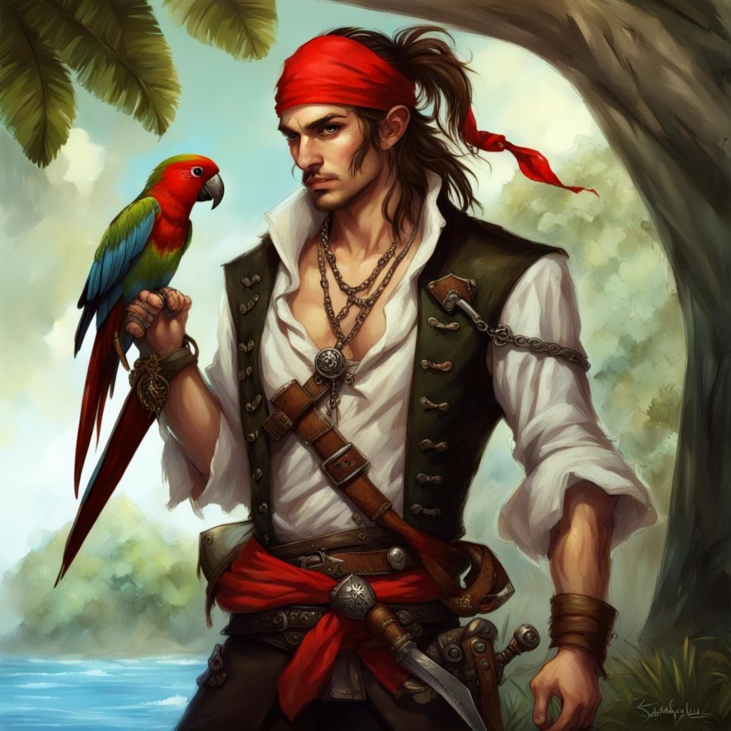 Dashing Elf Pirate Wields Scimitar Under Sunset Skies