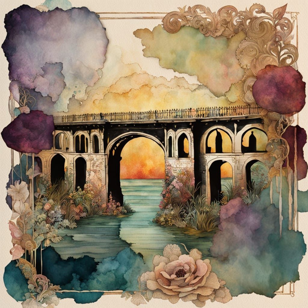 Whimsical Tudor Bridge Collage with Antique Paper Textures