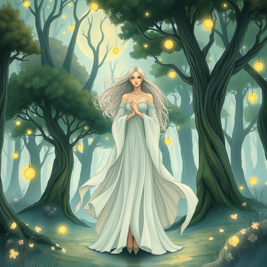 Mystical Woman in Dreamlike Forest, Blending Styles