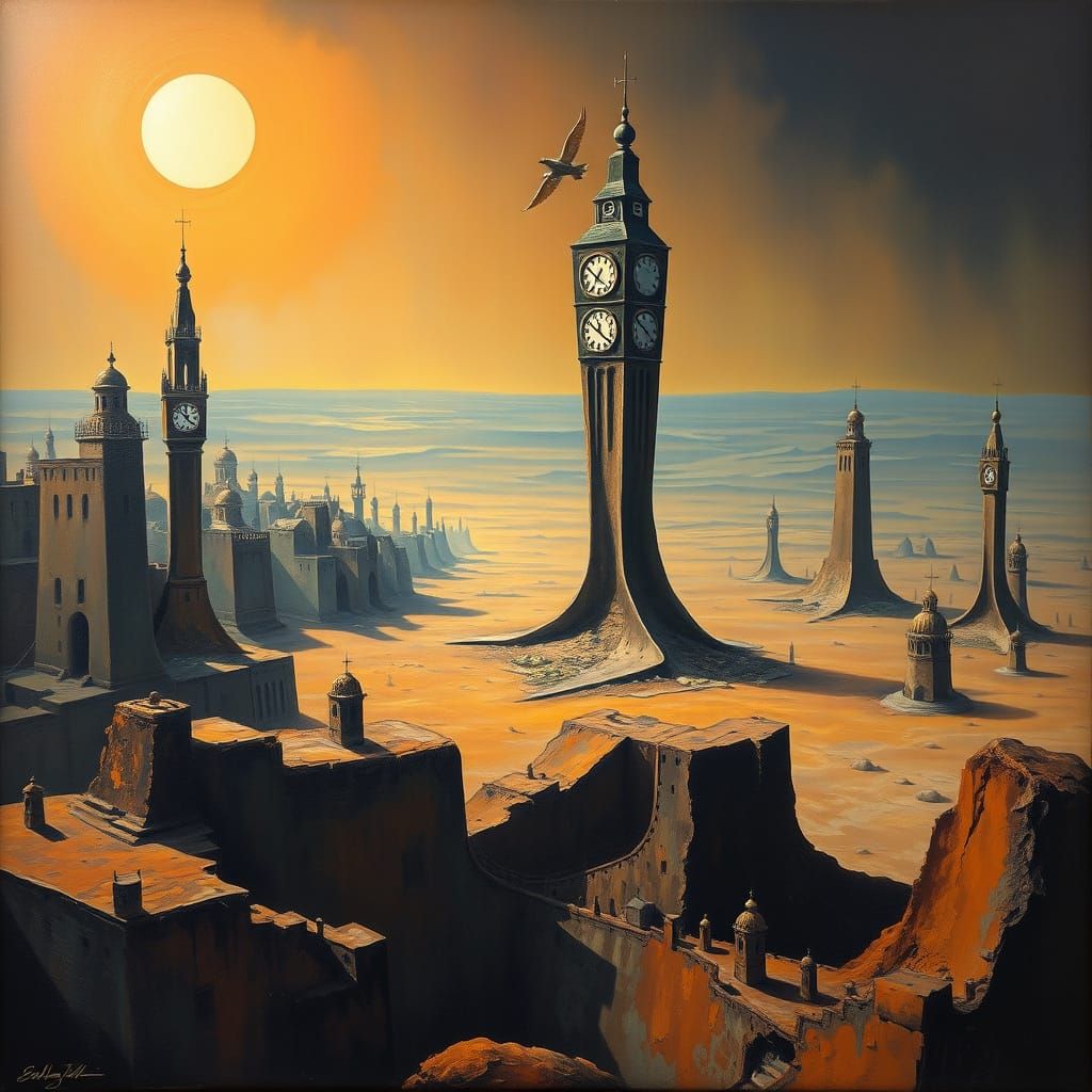 Surreal Cityscape with Melting Clocks in Dalí Style