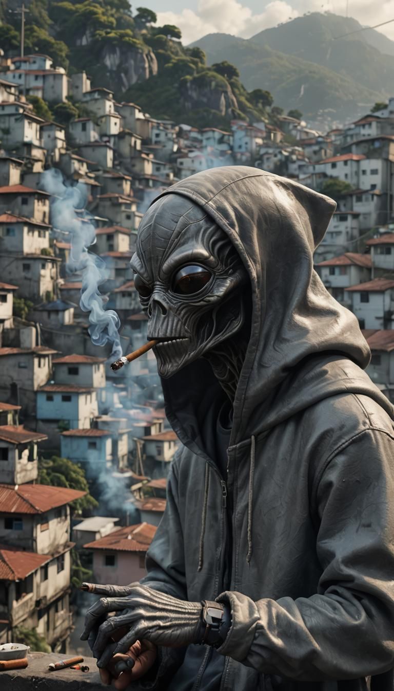 Hooded  gray alien creature smoking cigar