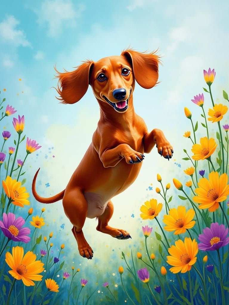 Joyful Dachshund in Vibrant Springtime Wildflowers
