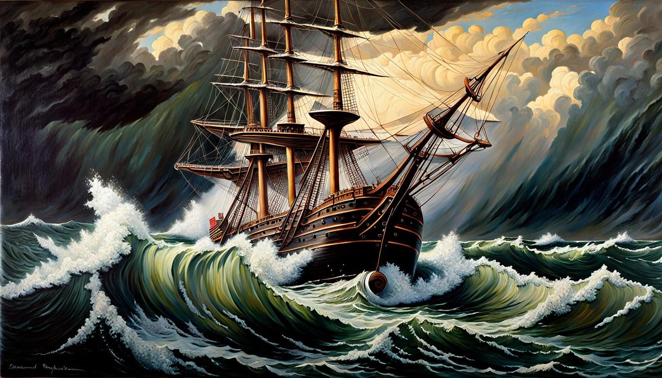 Sailing Ship Battles Turbulent Stormy Sea in Hyper-Realistic...