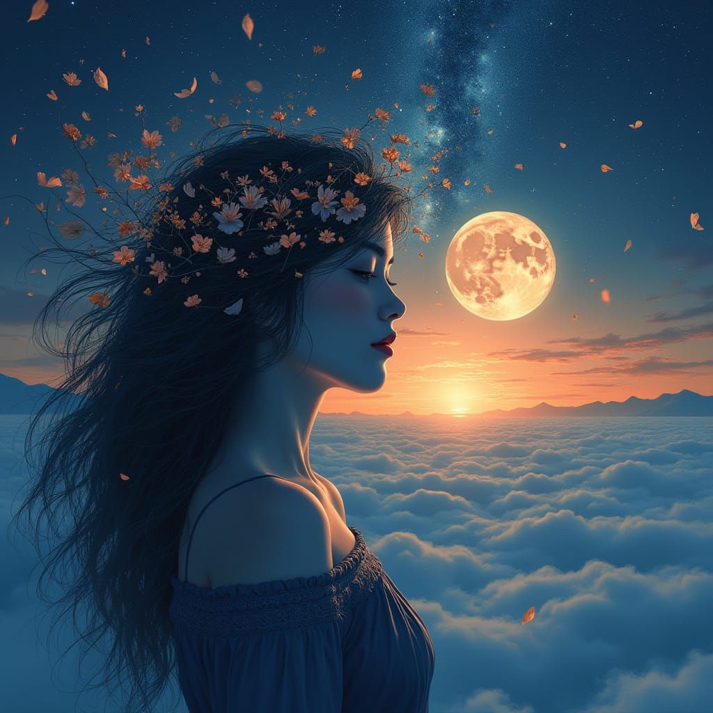 Dreamy Woman Between Sun and Moon, Digital Art